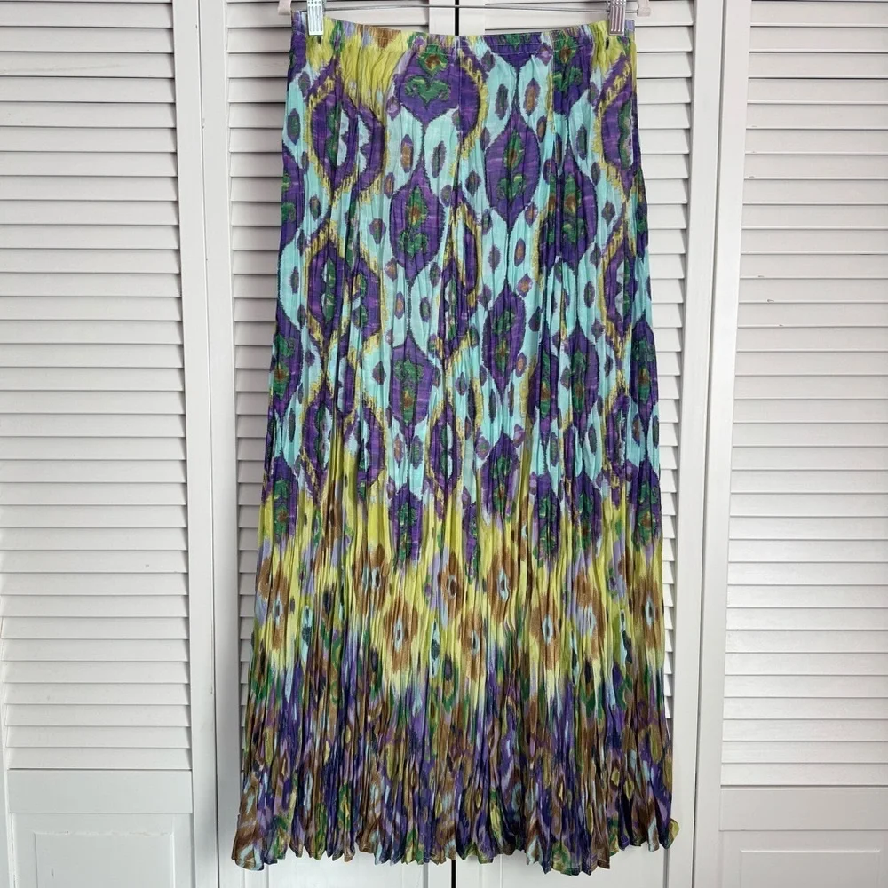Chico's Pleated Crinkle Broomstick Pull-On Maxi Skirt Abstract Peacock Size 1